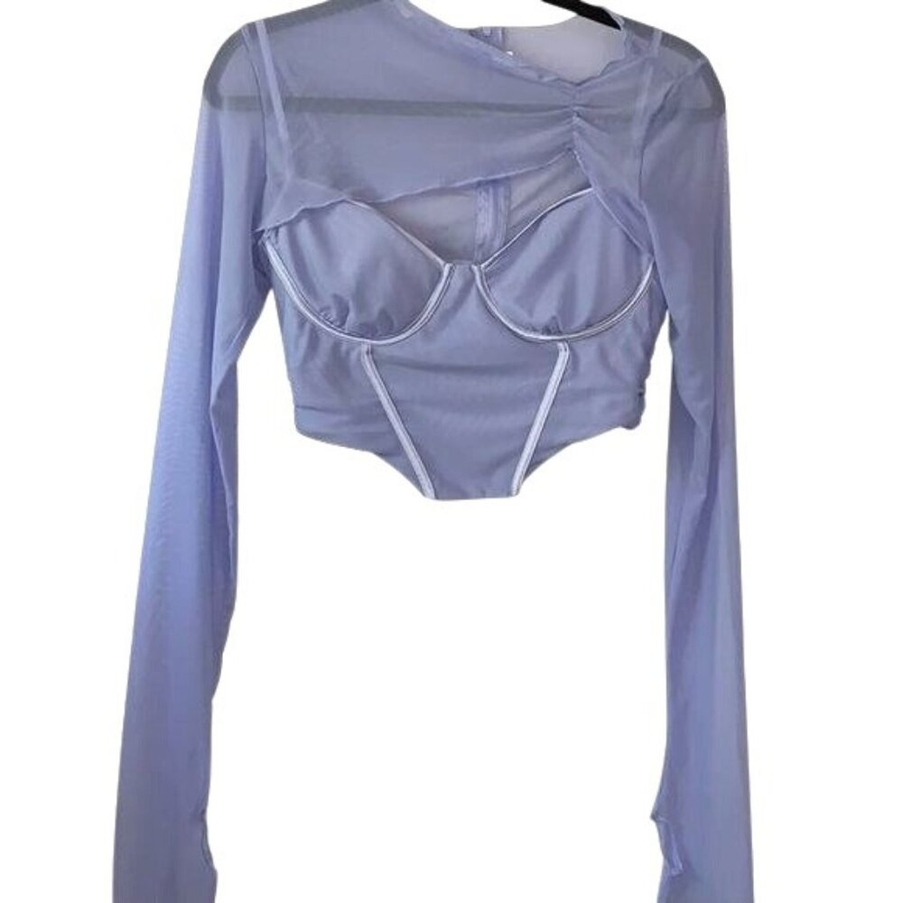 Sheer Mesh Long-Sleeve Corset Style Top With Cutouts Light Blue Size L 95% Polye